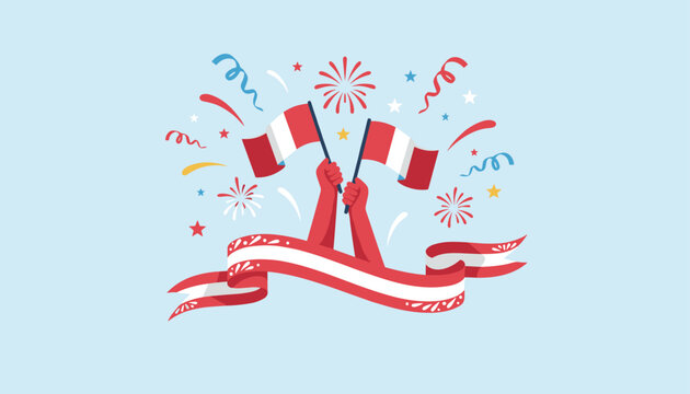Pat Patriotic poster celebrating Peru national independence day with two hands holding national flags under fireworks.