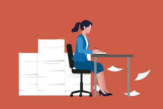 Stressed business woman overwhelmed by paperwork and deadline at office desk