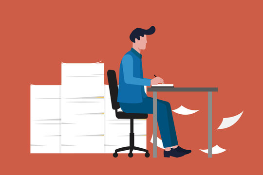Stressed businessman overwhelmed by paperwork and deadline at office desk