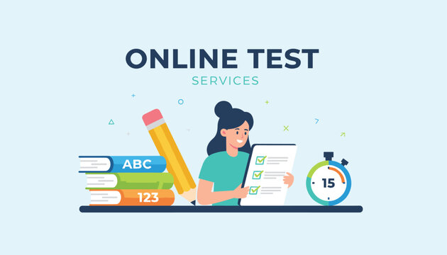 Online test services flat illustration showing a female student with a checklist, pencil, books, and stopwatch.