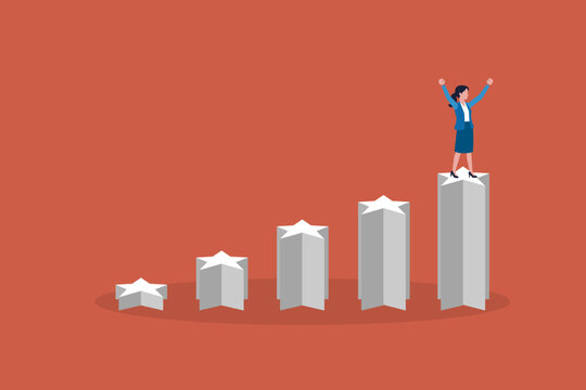Business woman standing up steps star. concept of Success, achievements and goals