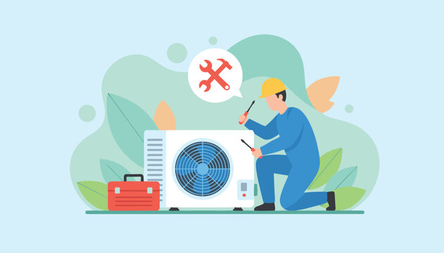 Professional technician in blue uniform and hard hat repairing an air conditioning unit with tools in hand.