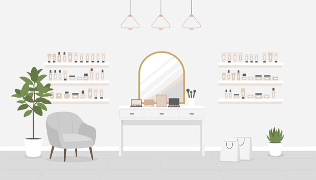 Elegant cosmetics store interior with makeup products on shelves, a vanity table with mirror, and armchair.