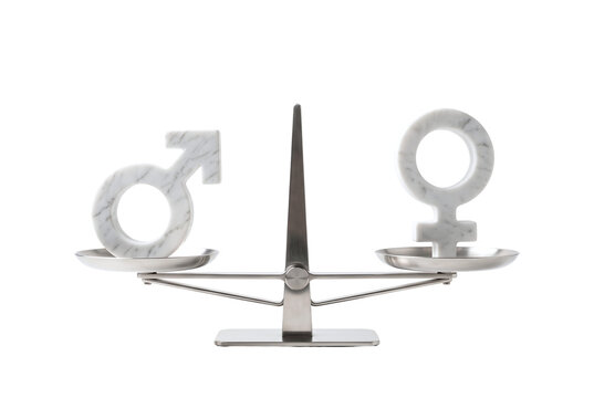 Silver balance scale weighing male and female gender symbols.