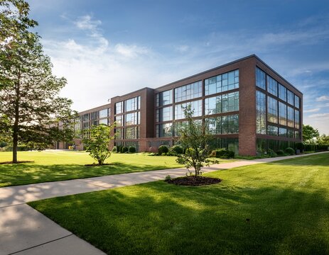 modern student residence hall on a college campus with glass windows and green landscaping torgersen hall