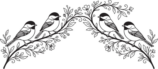 Four Chickadees perched on a delicate blooming branch in a minimalist vector silhouette style © MST MEHENAJ