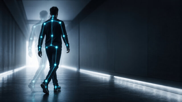 Person walking in corridor with motion capture technology, highlighted by glowing tracking points, creates futuristic atmosphere