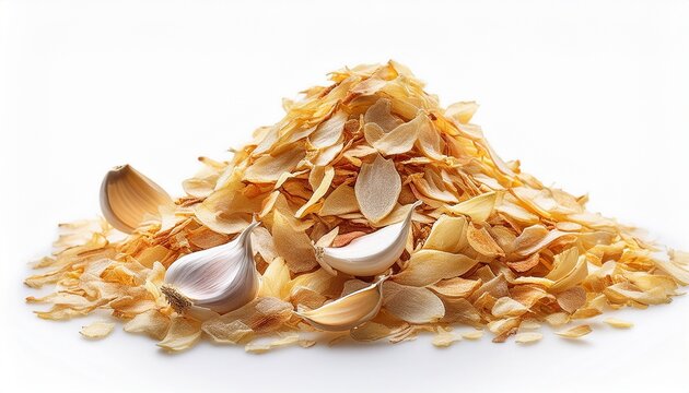 dry garlic flakes isolated on white background close up view of dehydrated garlic seasoning with textured golden pieces aromatic culinary ingredient for cooking natural spice food ingredien
