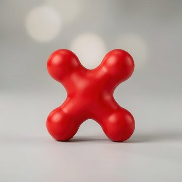 A simple bright red plastic toy shaped like a rounded cross resting on a plain white surface.