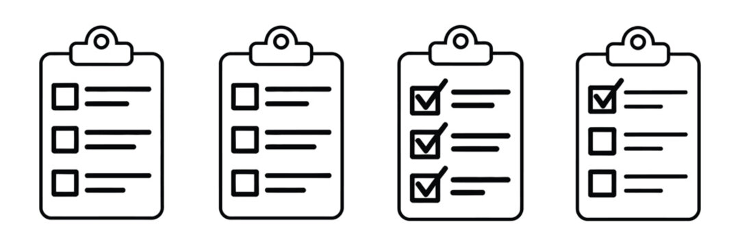 Clipboard checklist icon collection with outline and solid variations for workflow planning progress tracking and task management