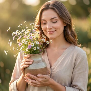 Beautiful smiling young woman holding a ceramic vase filled with wild chamomile flowers in a sunlit field.
