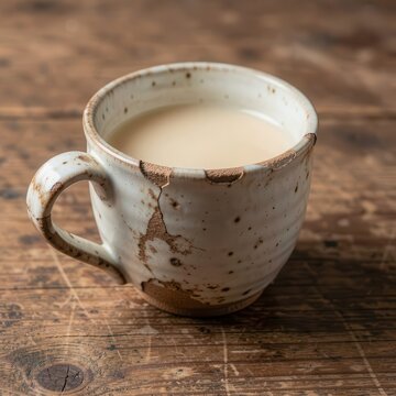 an old rustic ceramic mug filled with light brown hot tea resting on a textured wooden table