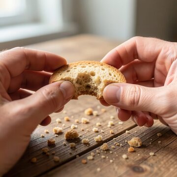 A close up photo of human hands breaking a piece of fresh crusty baked bread on wooden surface.