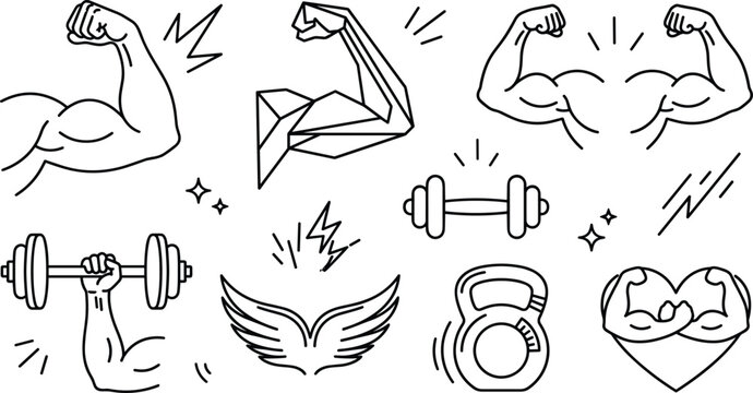 Fitness and Bodybuilding Gym Icon Set with Bicep Muscle Flexing Dumbbell Barbell Kettlebell Wings and Heart Symbols for Workout Graphic Designs
