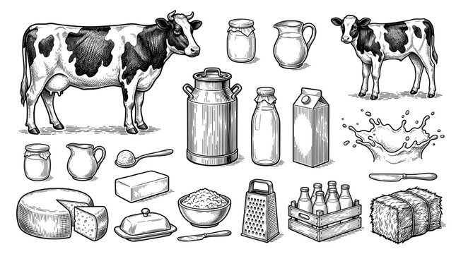 Hand drawn black ink sketch of holstein cow and dairy product set isolated on white background