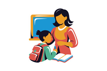 Fototapeta premium Vector illustration shows a female teacher helping a student with a book a red backpack on floor in classroom with green blackboard focused learning