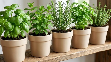 Fototapeta premium A small garden setup featuring a collection of fresh green culinary herbs planted in simple ceramic pots arranged neatly on a rustic wooden shelf at home