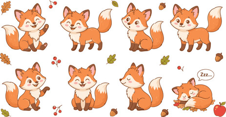 Fototapeta premium Cute little red fox cartoon character set with different poses emotions autumn leaves berries acorns and apple isolated on white