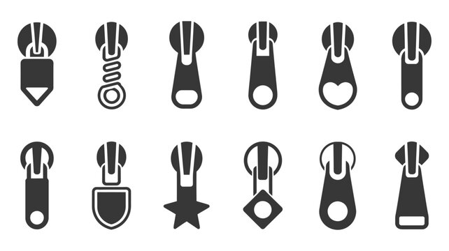 Zipper pull tab icons set with clothing fastener, zip slider, garment accessory, sewing supplies, fashion hardware, and vector illustration