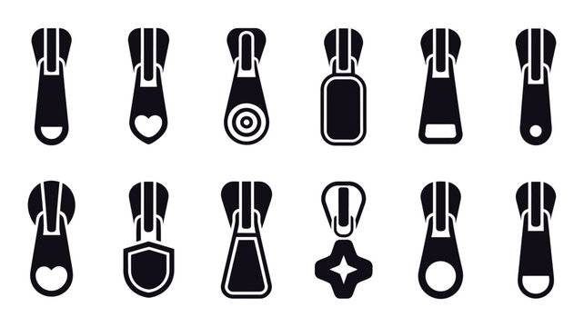 Zipper pull tab icons set with clothing fastener, zip slider, garment accessory, sewing supplies, fashion hardware, and vector illustration