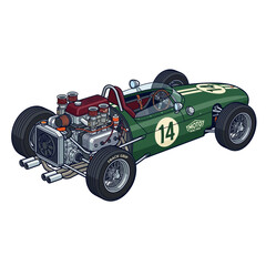 Obraz premium Vintage Formula 1 Race Car, Green Classic Sports Car Illustration