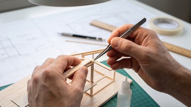 Close up of male hands using tweezers to assemble a detailed wooden architectural house model on a desk with blueprints and tools in a creative workspace