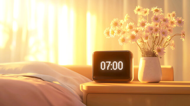 Cozy Morning Bedroom with Digital Alarm Clock and Daisies