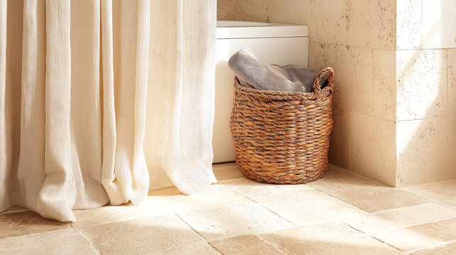 Sunlit Laundry Room with Woven Basket and Towels