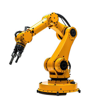 A high-tech robotic arm with a yellow finish is showcased against a black background.