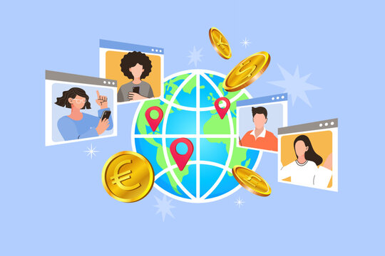 Global money transfer network with people profile windows on pastel blue background. International financial currency, cross-border online payment and collaboration layout.