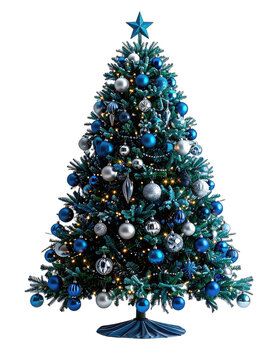 A beautifully decorated Christmas tree with blue and silver ornaments and lights.