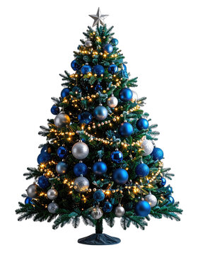 A beautifully decorated Christmas tree with blue and silver ornaments and warm lights.