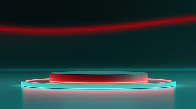 Abstract neon ring light effect on dark teal background, cyber vibe