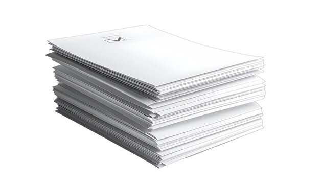 A stack of blank white papers with a checkmark symbol on the top sheet.