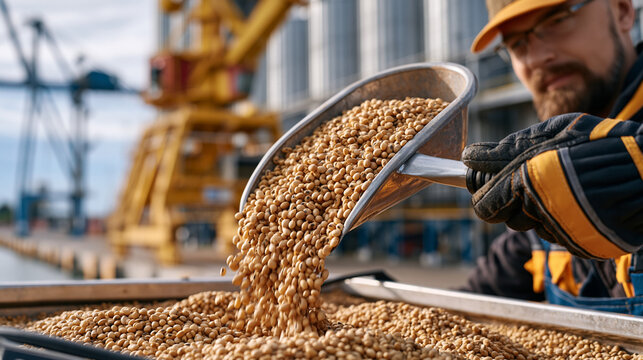 Agricultural quality control close up showing a gloved hand emptying a scoop of soybeans into a container, modern grain export infrastructure with silos and harbor crane beyond, authentic commercial