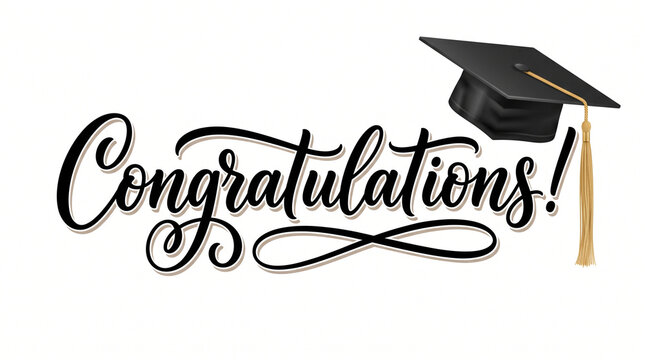 Congratulations graduation text with mortarboard cap vector illustration of a black graduation hat with a golden tassel and elegant calligraphy lettering isolated on white background