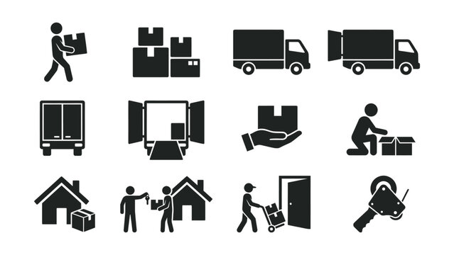 Black and white icons of moving and delivery services on white background