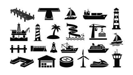 Black and white nautical and industrial icons on transparent background © NasimaAktar