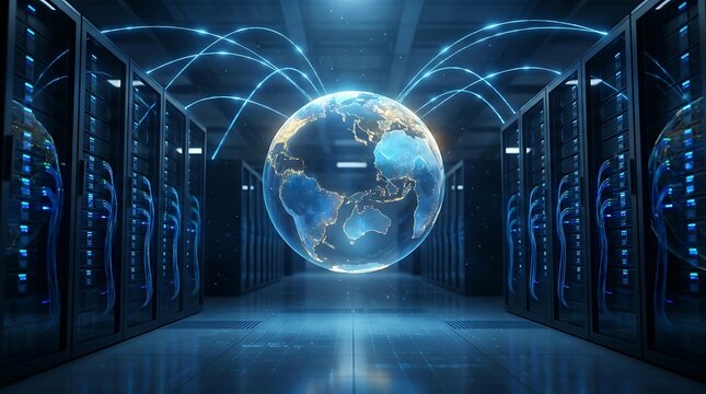 Digital globe in server room. Global data center network and cloud computing technology.