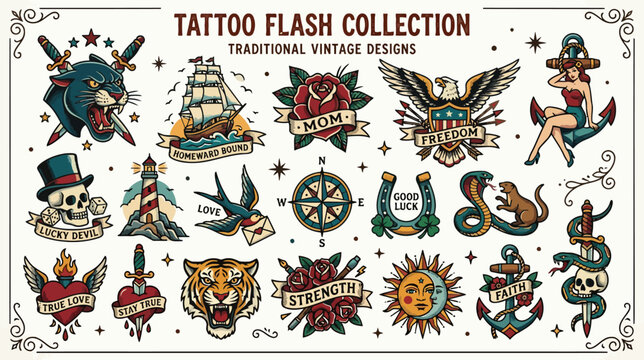 Vintage Tattoo Flash Art Collection: Traditional & Retro Designs