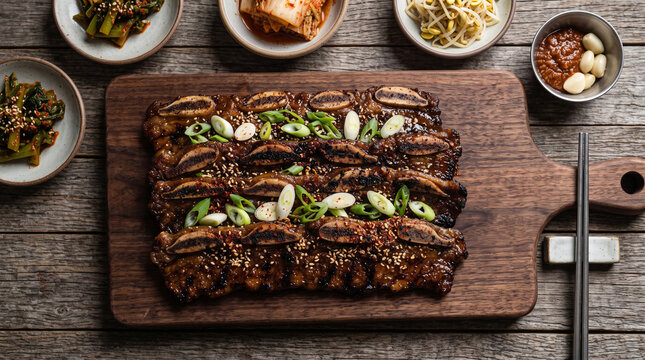Korean bbq la galbi, grilled marinated beef short ribs served on a wooden board with side dishes like kimchi, bean sprouts, and ssamjang sauce on a rustic wooden table