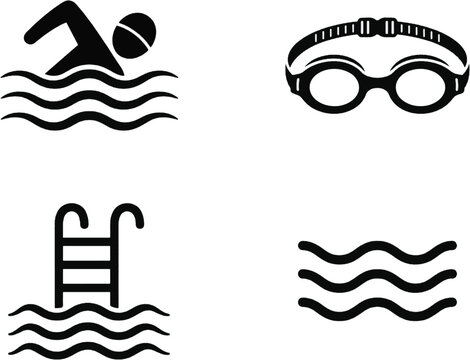 Swimming icons, pool symbols, swimmer, goggles, ladder, waves, black vector graphics