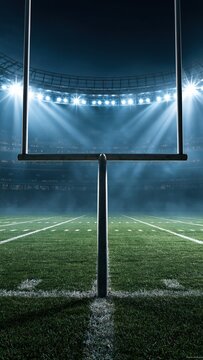 Football stadium field at night with lights and scoreboards