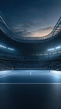 Empty modern stadium interior at dusk with dramatic lighting