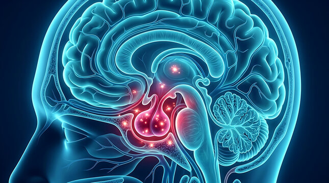 Detailed anatomical cross-section illustration of the human pituitary gland located at the base of the brain