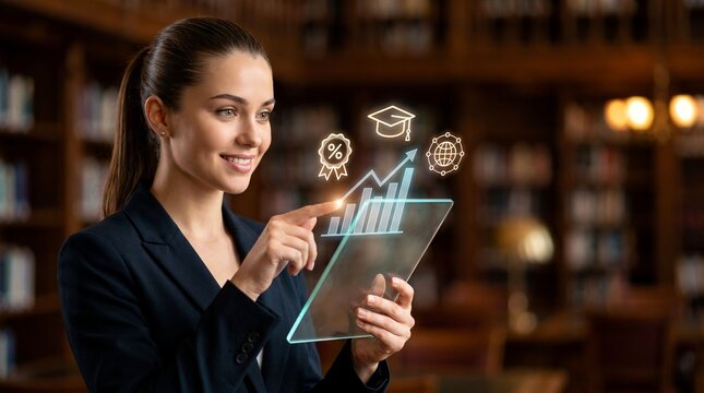 Smiling young woman in a suit jacket interacts with a futuristic transparent tablet showing a bar graph in a library.