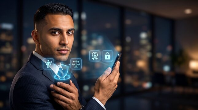 A serious man in a suit holds a smartphone with glowing digital security icons in a modern office at night.