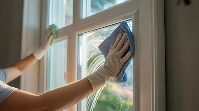 Close up of a person wearing protective gloves cleaning a large glass window pane with a blue microfiber cloth and spray in a bright home
