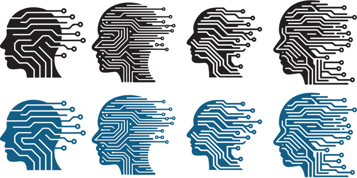 Artificial intelligence and digital mind concept icons set with human head circuit board profiles vector illustration