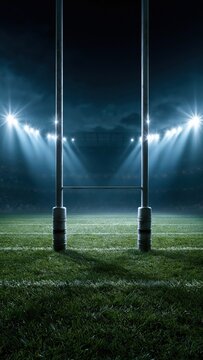 Night soccer goal on field with stadium lights beams and foggy sky